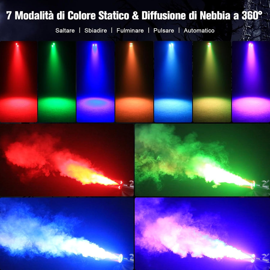 Machine à Brouillard Mini,Machine à Fumée 18 LED RGB,Machine de Fumée 800W avec Fonction de Cycle Automatique et Télécommande sans Fil, Idéal pour Disco, Fêtes, Mariage, Halloween et Noël