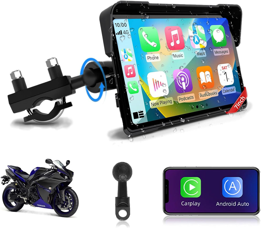CarPlay Moto Portable 7" Android Auto Moto,GPS Moto IP67 Étanche Tactile Écran,Double Bluetooth Siri/Google/Navigation