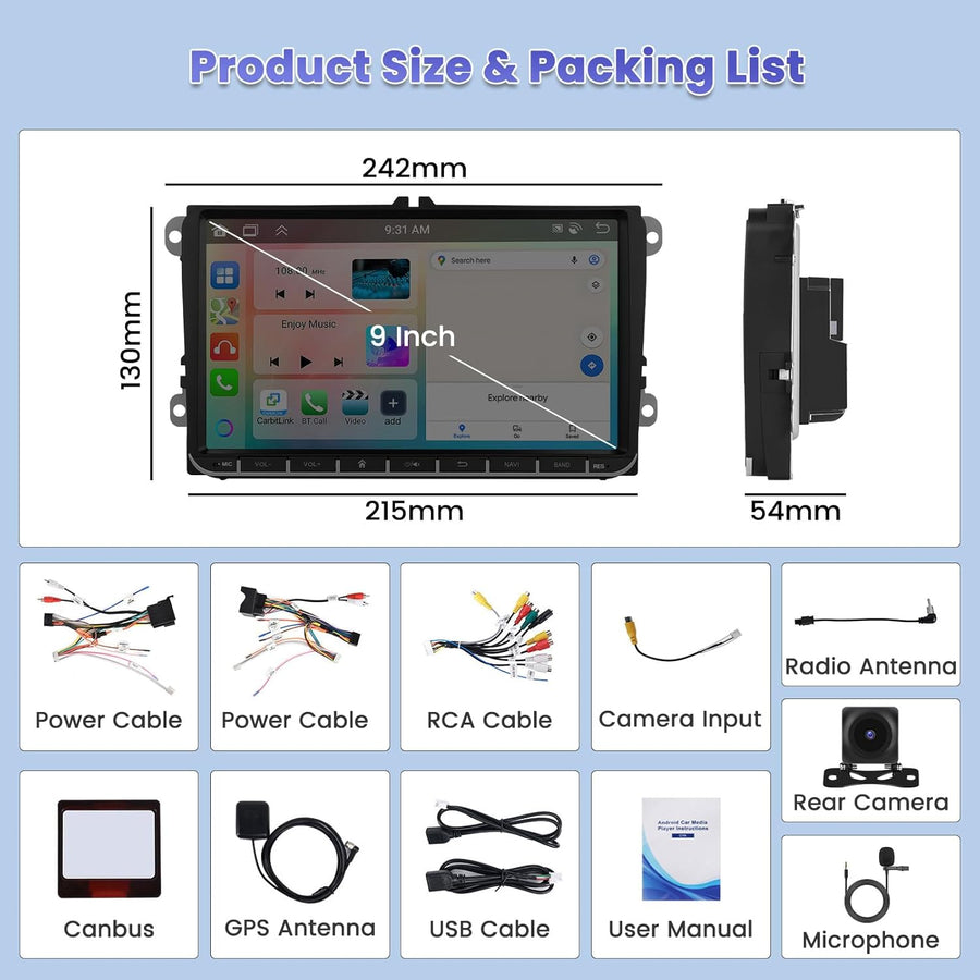 Autoradio 8-Core/4G+64G/DSP Android 15 pour VW Golf 5 Golf 6 Passat Tiguan Polo T5 Transporter Seat Leon avec sans Fil CarPlay Android Auto, 9" écran Tactile avec BT GPS WiFi RDS FM USB+CAM