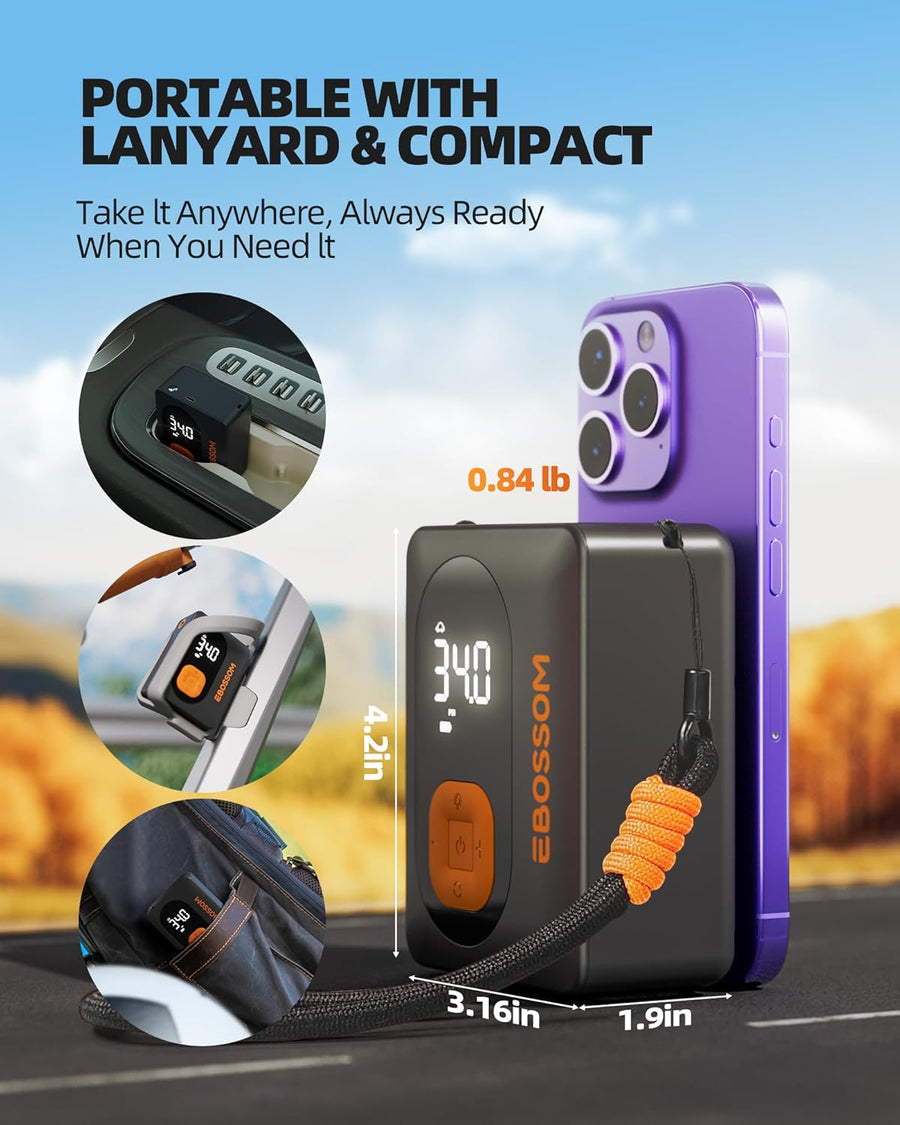 Gonfleur pneus Voiture, Compresseur à Air Portatif , Mini Compresseur Voiture Portable Electrique pompe a velo, Inflator Affichage Numérique et Lumière LED Vélos Motos Ballons Flexible de 15 cm