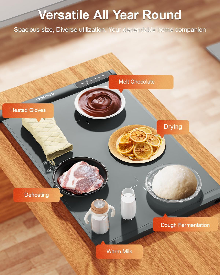 Plaque Chauffante pour Aliments, Tapis Chauffant Électrique Enroulable Extensible avec 7 Températures, Minuteur 99H, Affichage ℃/℉, Idéal Réchaud Buffet, Repas, Réceptions Garder au Chaud