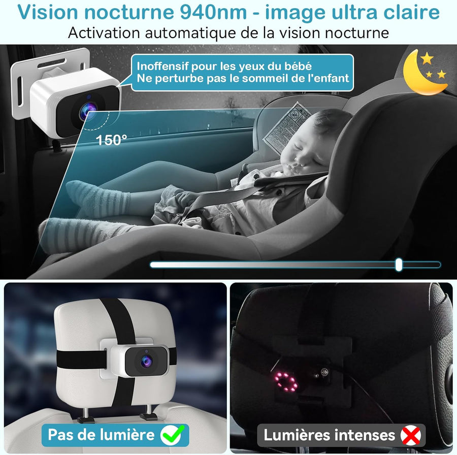 Caméra Voiture Bébé pour 2 Enfants : Écran IPS 7 Pouces avec Deux Caméras pour Siège Auto, Écran Partagé, Vision Nocturne, HD 1080P - Caméra Arrière Facile à Installer