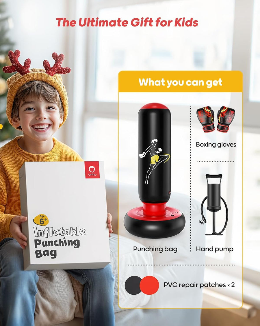 Sac De Frappe pour Enfants avec Gants De Boxe, 66 Pouces Sac De Boxe Gonflable pour Enfants, Cadeaux pour GarçOns Et Filles De 6 à 12 Ans
