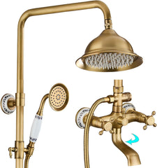 Colonne de Douche Rétro, 3 Fonction Ensemble de Douche, 8in/20cm Rond Système de Douche Antique, Porcelaine Bleue et Blanche, Robinet de Baignoire de Rotation à 90°, Réglable en Hauteur