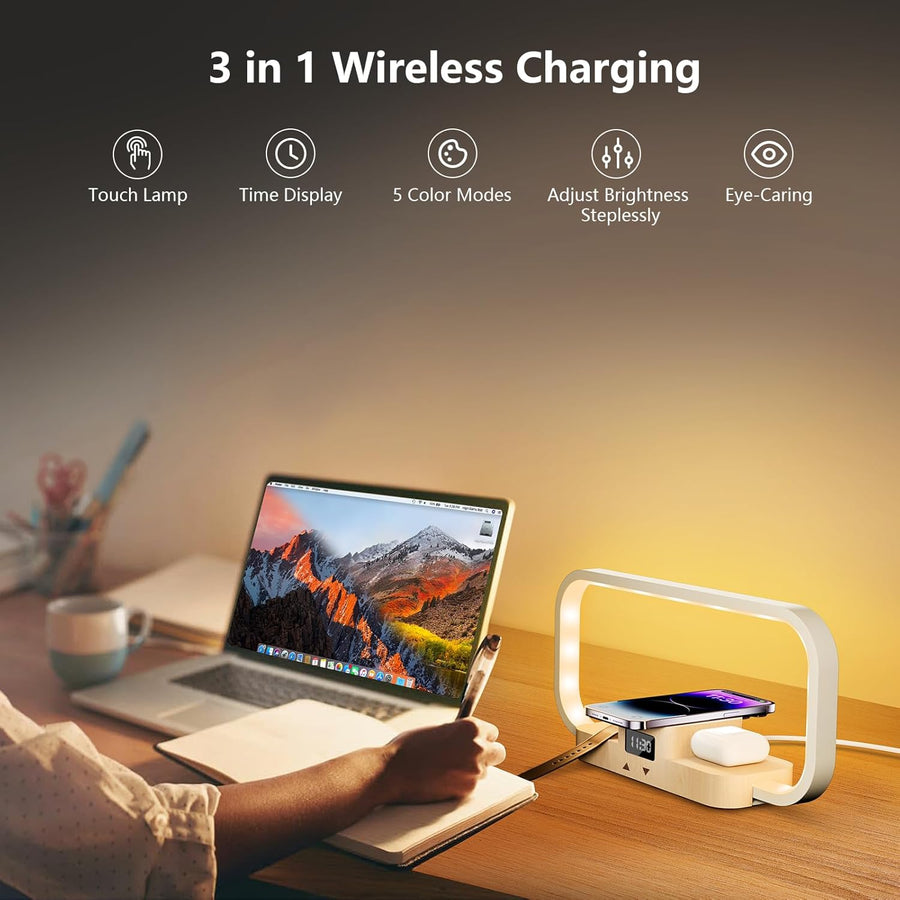 Lampe de Chevet avec Chargeur sans Fil & Port USB, Lampe Table Dimmable 5 Couleurs à Commande Tactile, Station de Charge pour AirPods, Montre & Smartphone