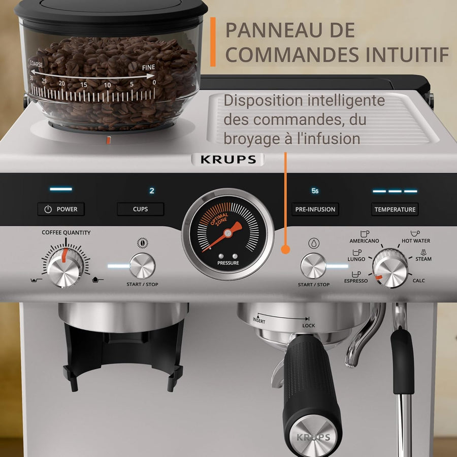 KRUPS Precision, Machine espresso manuelle avec broyeur, Barista, Espresso parfait, Interface intuitive avec accès direct aux réglages, XP801T10, Aluminum