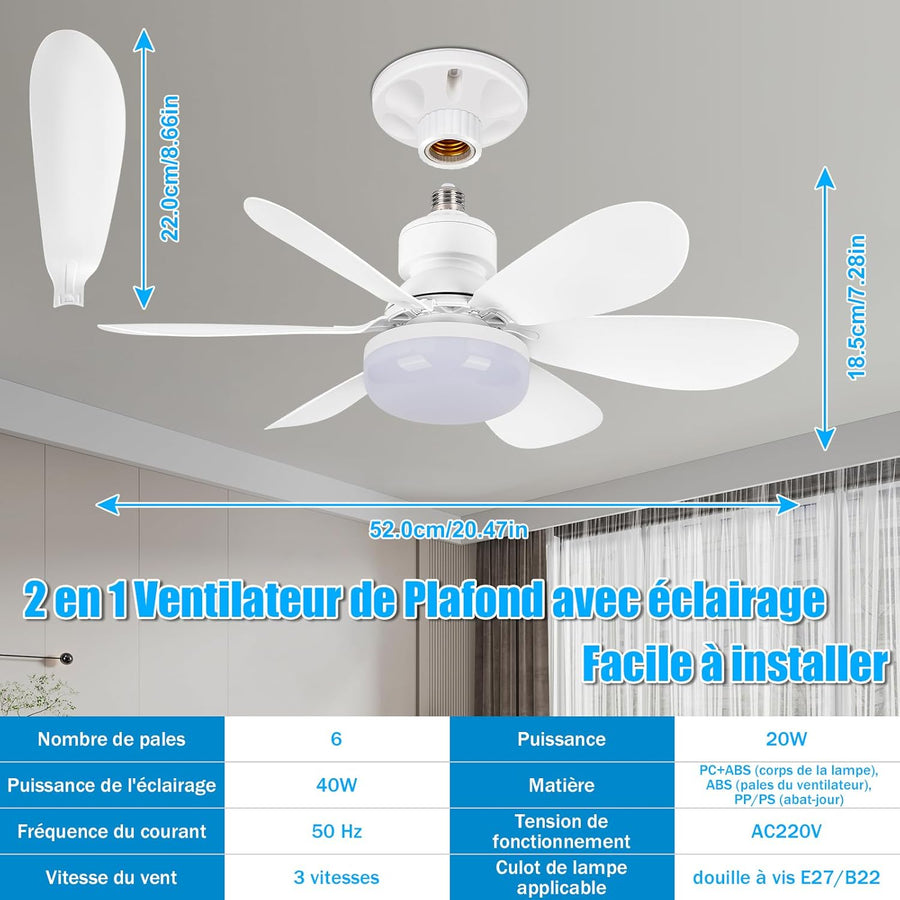Ventilateur de Plafond avec Lumière et Telecommande, 40W Dimmable LED Douille E27, Lustre Ventilateur de Plafond, 6 Pales,3 Vitesses,Timing