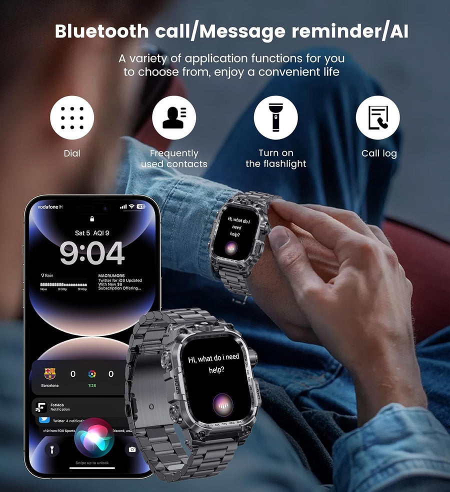 Montre Connectée Homme 2.01'' HD Smartwatch Militaire avec Appels Bluetooth Torche LED 650mAh 150+ Mode Sportifs Surveiller Cardio Podometre Sommeil, Fitness Tracker pour iOS Android