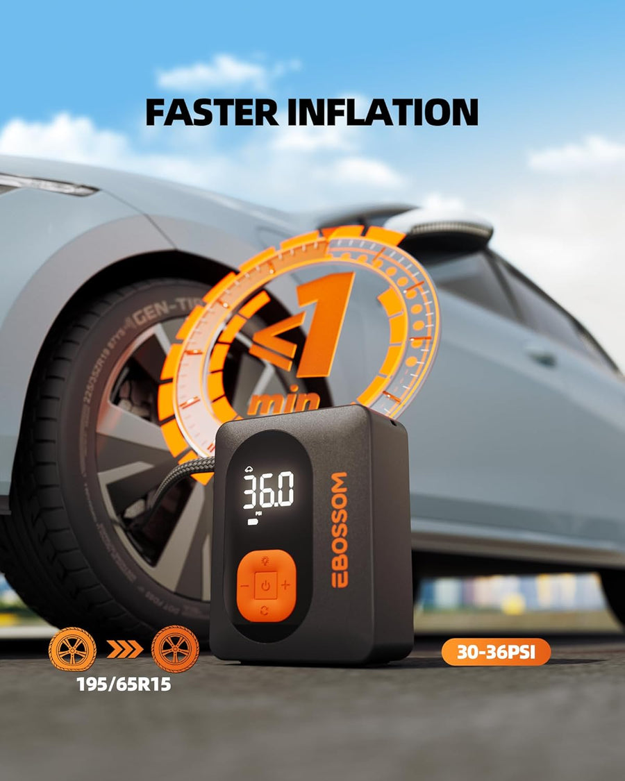 Gonfleur pneus Voiture, Compresseur à Air Portatif , Mini Compresseur Voiture Portable Electrique pompe a velo, Inflator Affichage Numérique et Lumière LED Vélos Motos Ballons Flexible de 15 cm