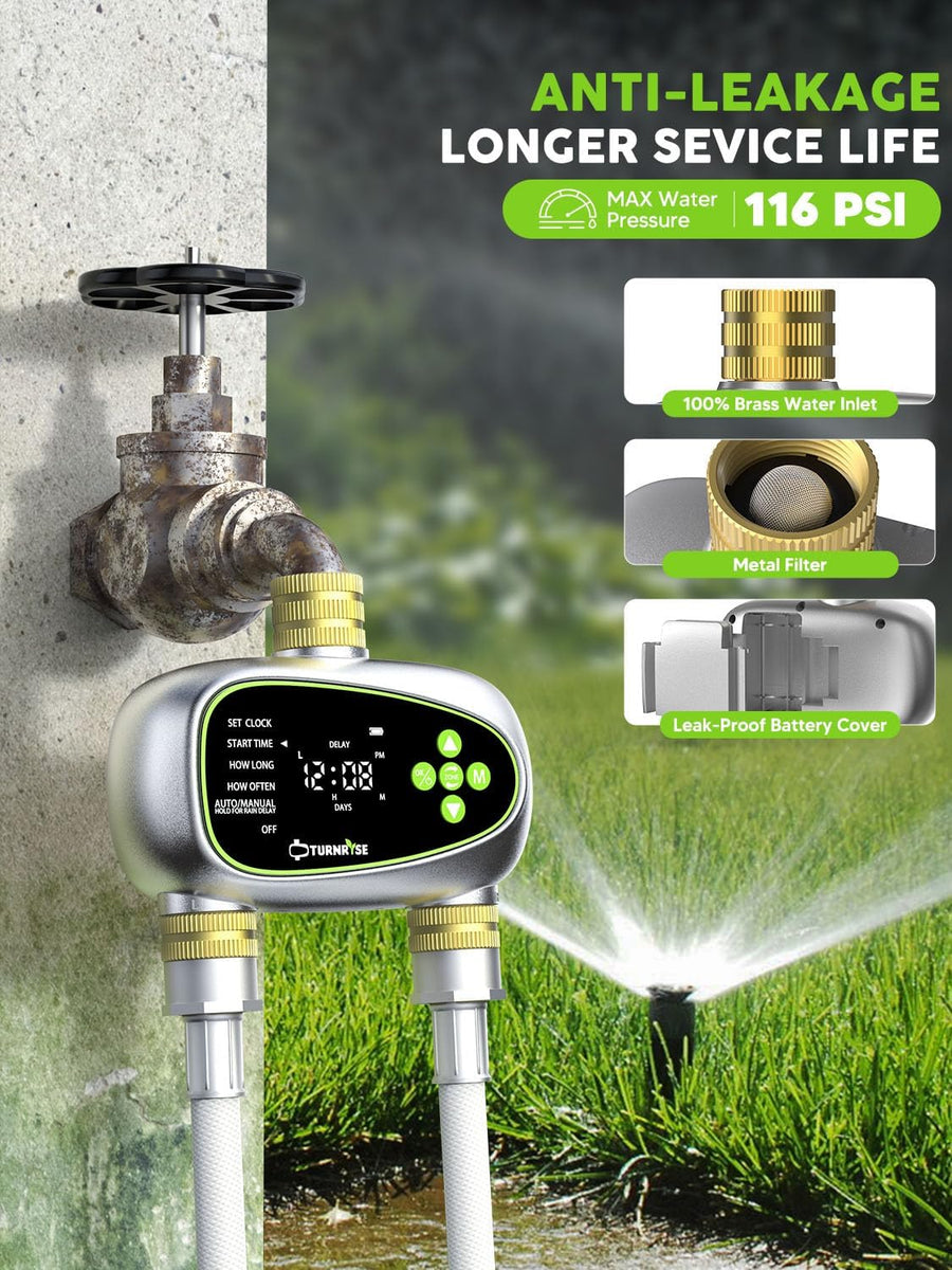 Ordinateur d'irrigation 2 Sorties avec entrée et Sortie en Laiton, Retard de Pluie, Mode d'arrosage Automatique et Manuel, Programmateur d'Arrosage Extérieur pour Jardin, pelouse, Ferme