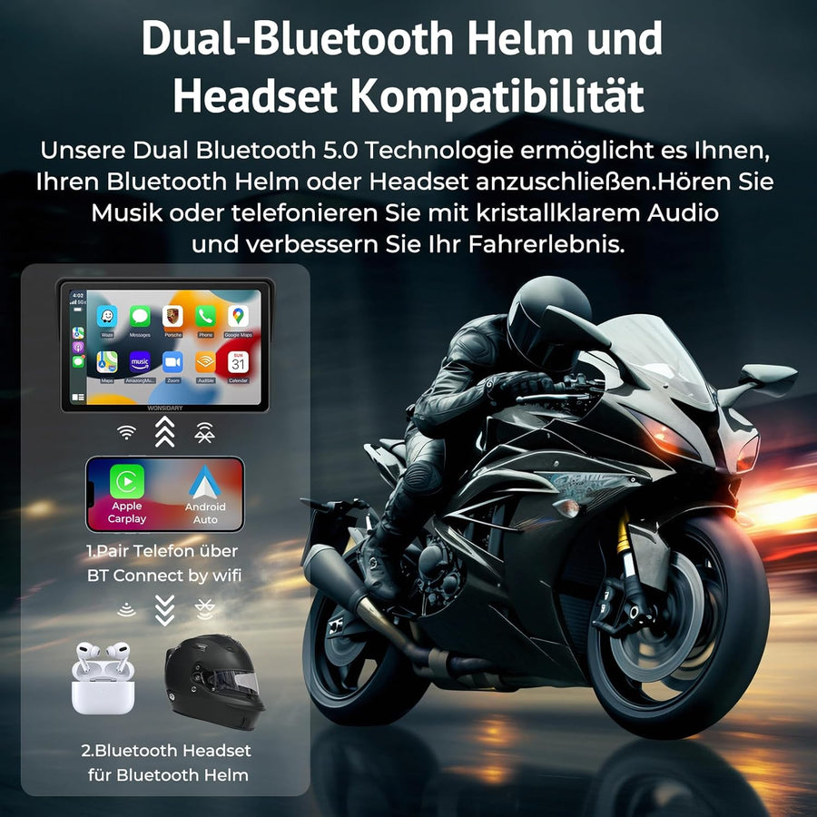 Écran Carplay Moto 7 Pouces,Carplay sans Fil & Android Auto pour Moto,Navigation GPS Moto Étanche IP67 Écran Tactile Étanche,Audio BT, EQ Assistant Vocaux