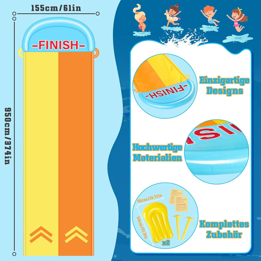 Toboggan 1.55m x 9.5m pour Pelouse Double Toboggan à Eau avec 2 Planches Gonflables Jeux d'eau en Extérieur