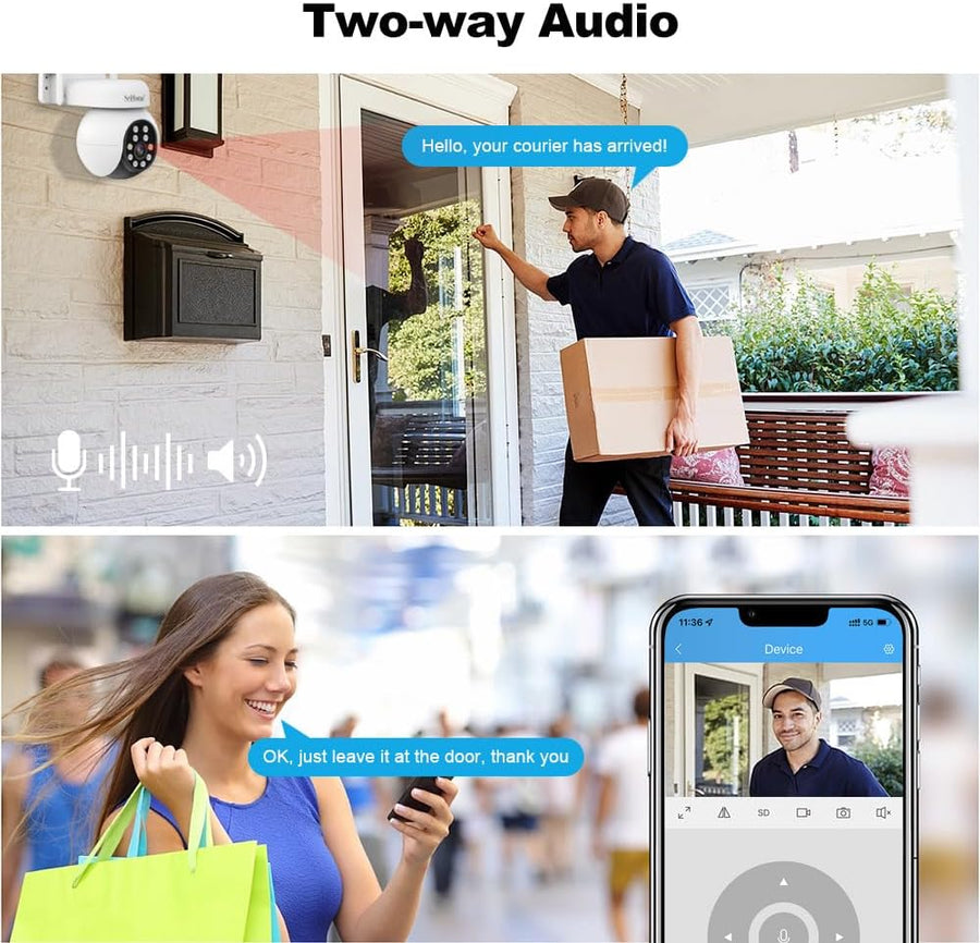 Caméra de Surveillance 5MP HD PTZ, Détection d'humains, Suivi de Mouvement, Alarme sonore et Lumineuse, Audio bidirectionnel, Utilisation en extérieur/intérieur