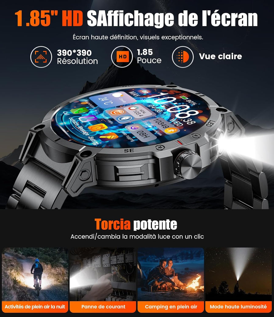 LIGE Montre Connectée Homme avec LED Lampe/1,85'' HD Écran/800mAh, Smartwatch Homme avec Appel Bluetooth,IP68 Étanche 111 Modes Sportifs/Fréquence Cardiaque/SpO2/Suivi du Sommeil Android iOS