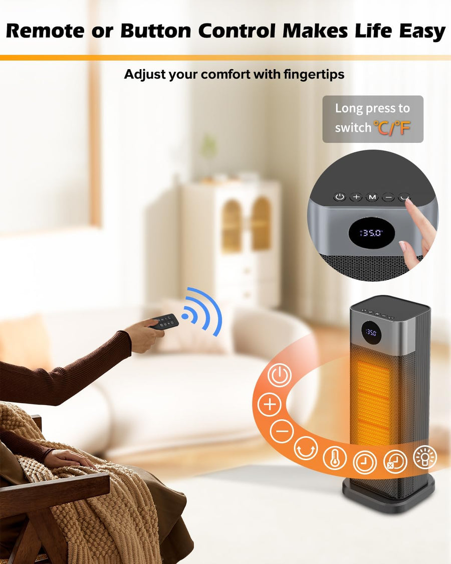 Chauffage d'appoint Electrique 2000W, Radiateur Soufflant céramique avec 70°Oscillation, 4 Modes, Thermostat, Minuterie 12H, Télécommande, Chauffage Soufflant pour Chambre Maison Intérieur