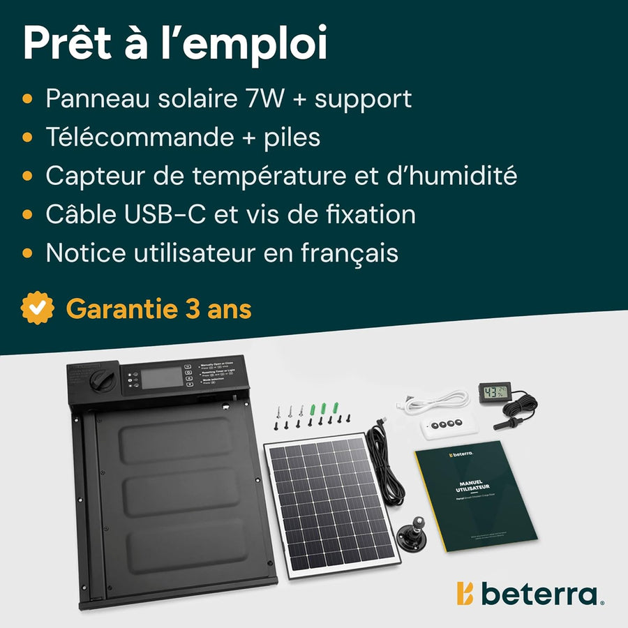 Porte Automatique Poulailler Solaire – Intelligente, Ouverture Latérale, Étanche IP45, Anti-Prédateur, Télécommande, Écran LCD, Batterie 5000mAh, USB-C, Capteur de Température Aluminium Noir