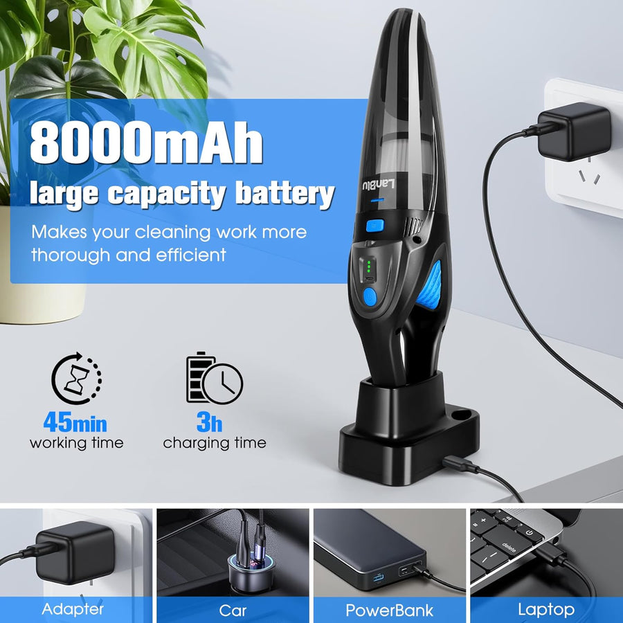 Aspirateur Voiture Puissant Sans Fil avec Station de Recharge et Éclairage LED, 25000Pa Aspirateur a Main avec Filtre Lavable, Humide et Sec