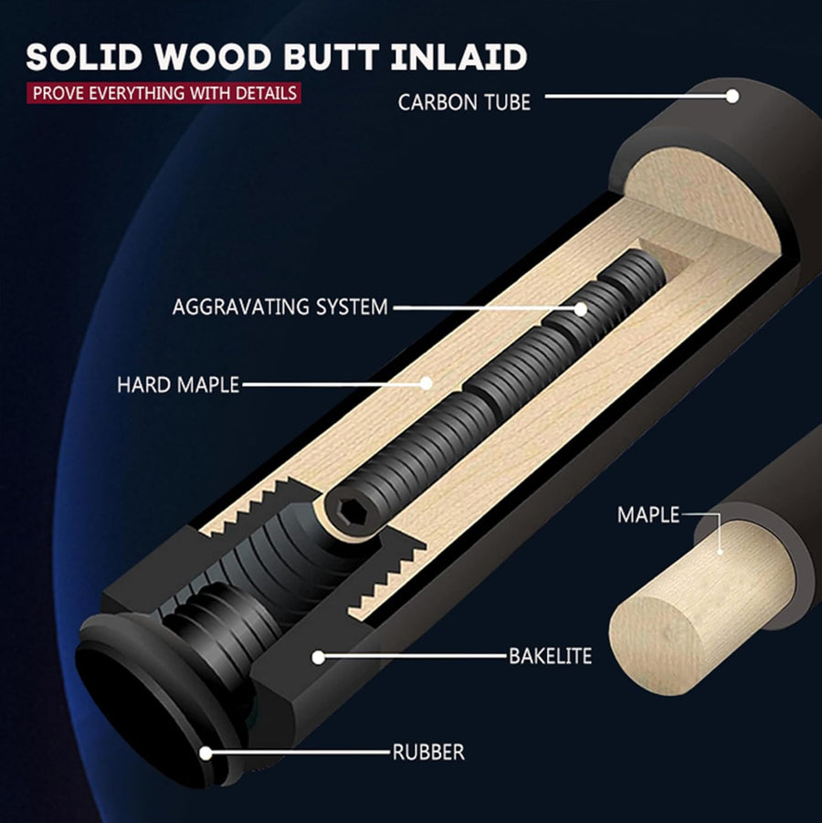 Queue de Billard Professionnel en Fibre de Carbone 145 cm, tête de 10,5 mm, 3/4 de Petite tête