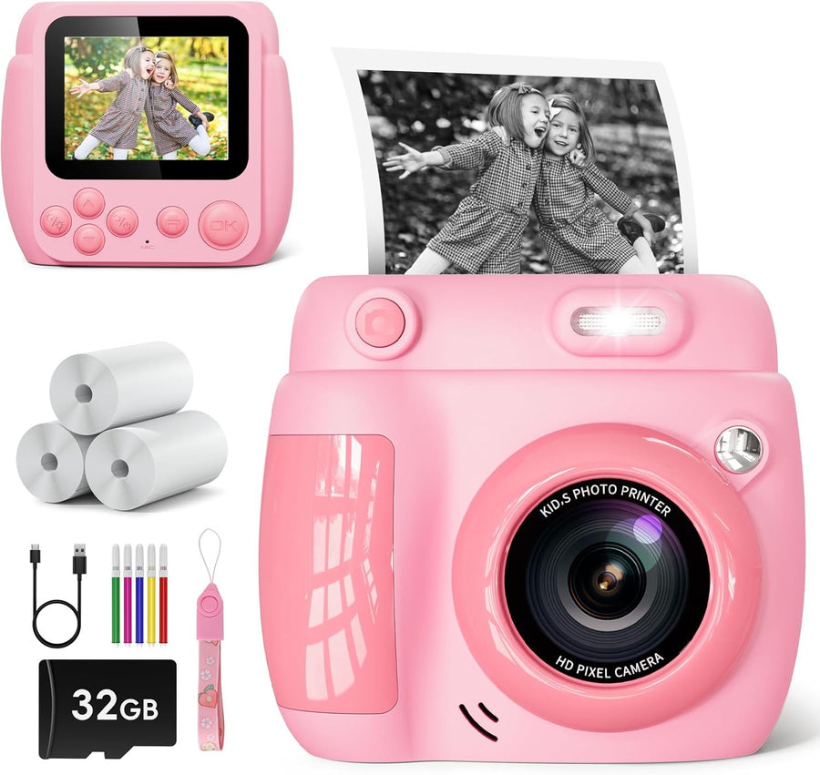 Appareil Photo Instantané Enfant – Cadeau Noël & Anniversaire pour Garçons Filles 3-10 Ans, Jouet Éducatif avec Vidéo 1080P, 20MP, 3 Rouleaux Papier & Carte Mémoire 32GB