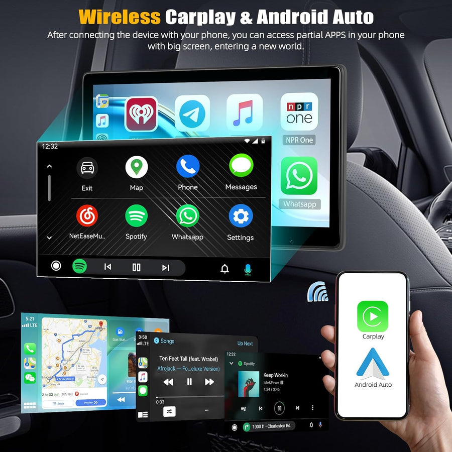 Moniteur D'appuie-tête 10.1 Pouces avec Carplay sans Fil Android Auto, écran Tactile IPS HD Display avec Bluetooth Airplay Super Link Commande Vocale Transmission FM +Carte TF 64G