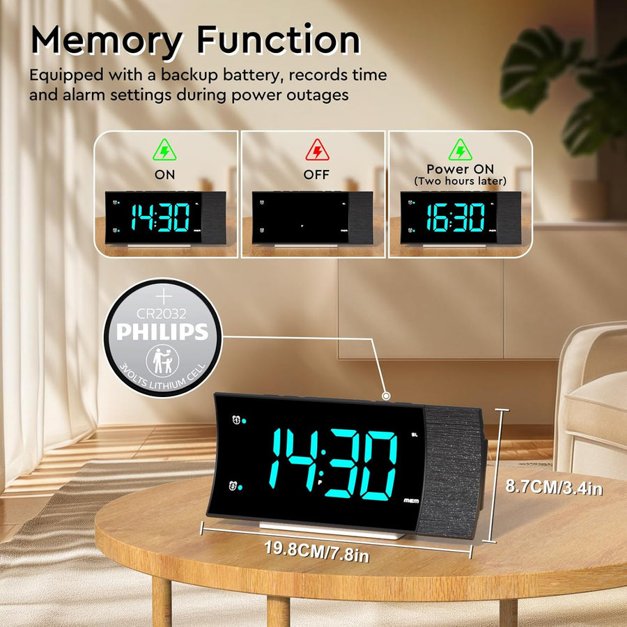 Radio Reveil Projecteur Plafond 180° FM Numérique, Grand Écran LED, Chargeur USB, Double Alarme, 12/24H, Snooze, Horloge Projection Plafond
