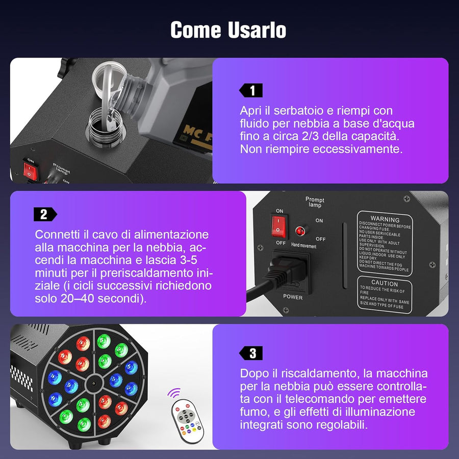 Machine à Brouillard Mini,Machine à Fumée 18 LED RGB,Machine de Fumée 800W avec Fonction de Cycle Automatique et Télécommande sans Fil, Idéal pour Disco, Fêtes, Mariage, Halloween et Noël