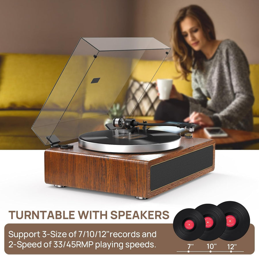 Tourne-disque Haut-parleurs intégrés vinyle tout-en-un prenant en charge la lecture Bluetooth, l'arrêt automatique, la vitesse de 33 et 45 tr/min, la sortie ligne RCA, entrée AUX