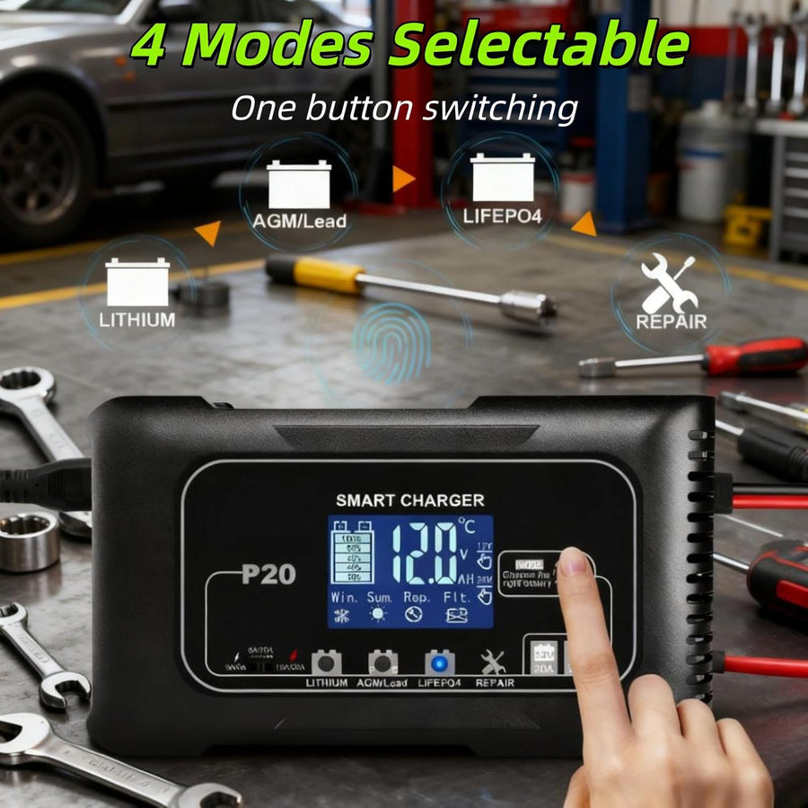 Chargeur et mainteneur de Batterie Intelligent 12V/24V 20A, Chargeur P20 4 Modes Lithium/AGM/Plomb-Acide/LiFePO4 avec écran LCD et réparation par impulsions, pour Voitures, Motos et Bateaux