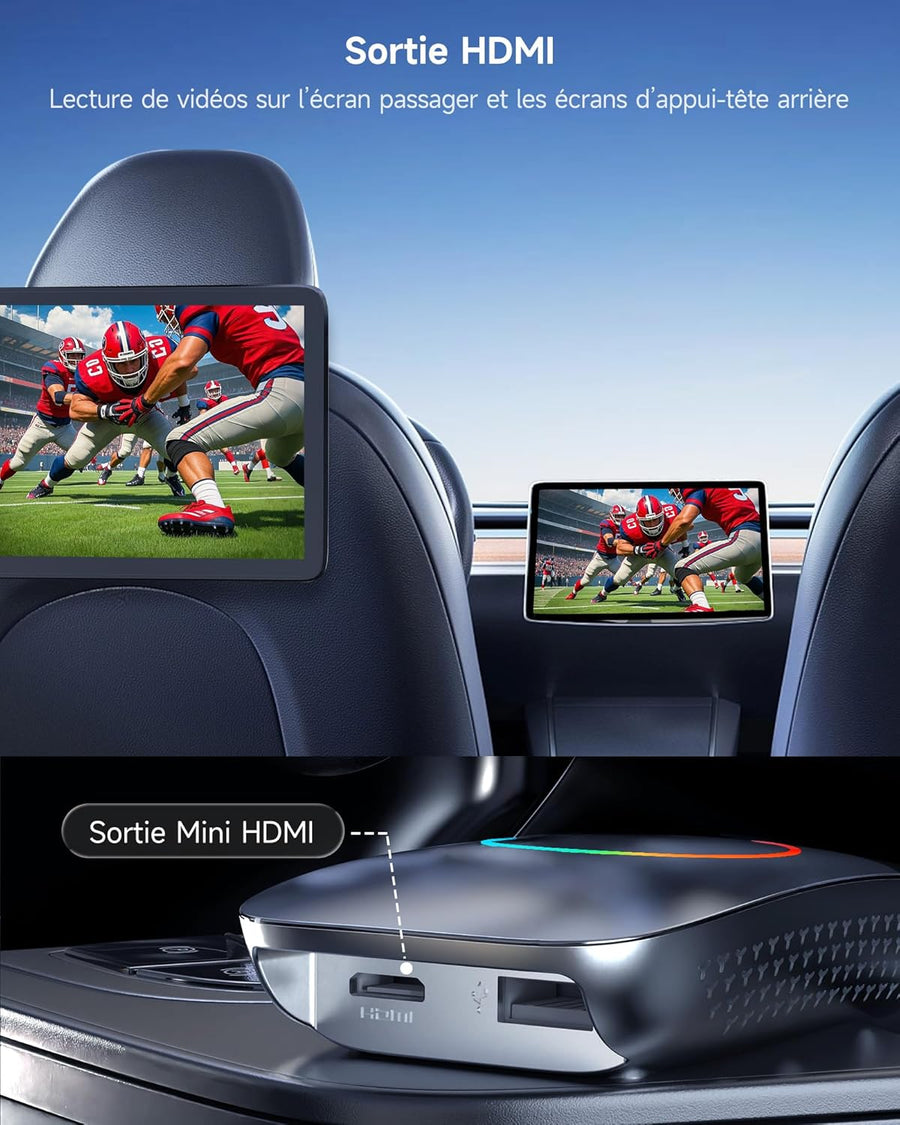 Boîtier CarPlay IA – CarPlay/Android Auto sans Fil, boîtier Voiture Streaming, Wi-FI/Bluetooth Doubles, Sortie HDMI, Lecture Via USB, Assistant IA, prêt à l'emploi, OTA, avec OBD II