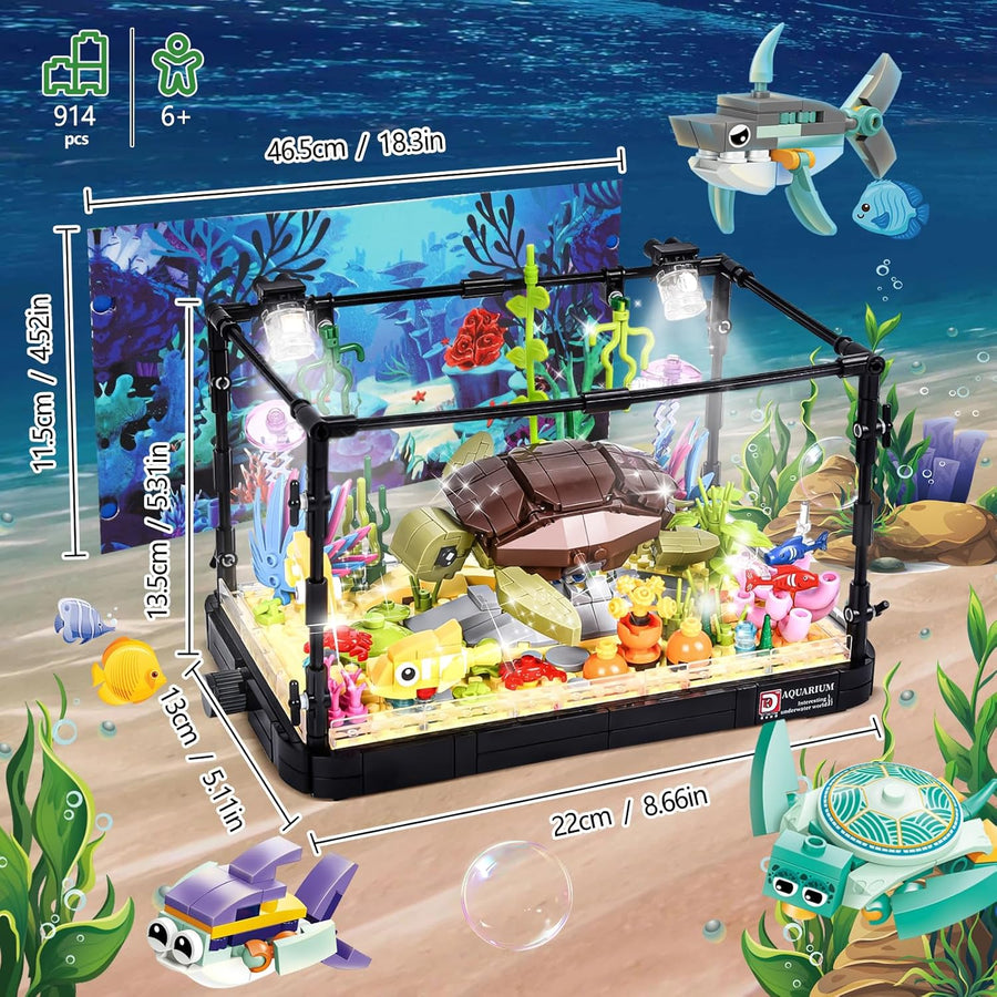 Jouet Enfant Blocs Construction Aquarium avec Lumière LED Compris Les Tortue en Mouvement