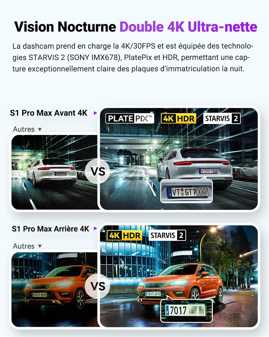 Dashcam Voiture S1 Pro Max 4K+4K Starvis 2 Avant et Arrière, Caméra embarquée 5G Wi-FI Dash Cam GPS 360° HDR Tampon Surveillance de stationnement,Contrôle Vocal Français,LTE en Option Max 1To