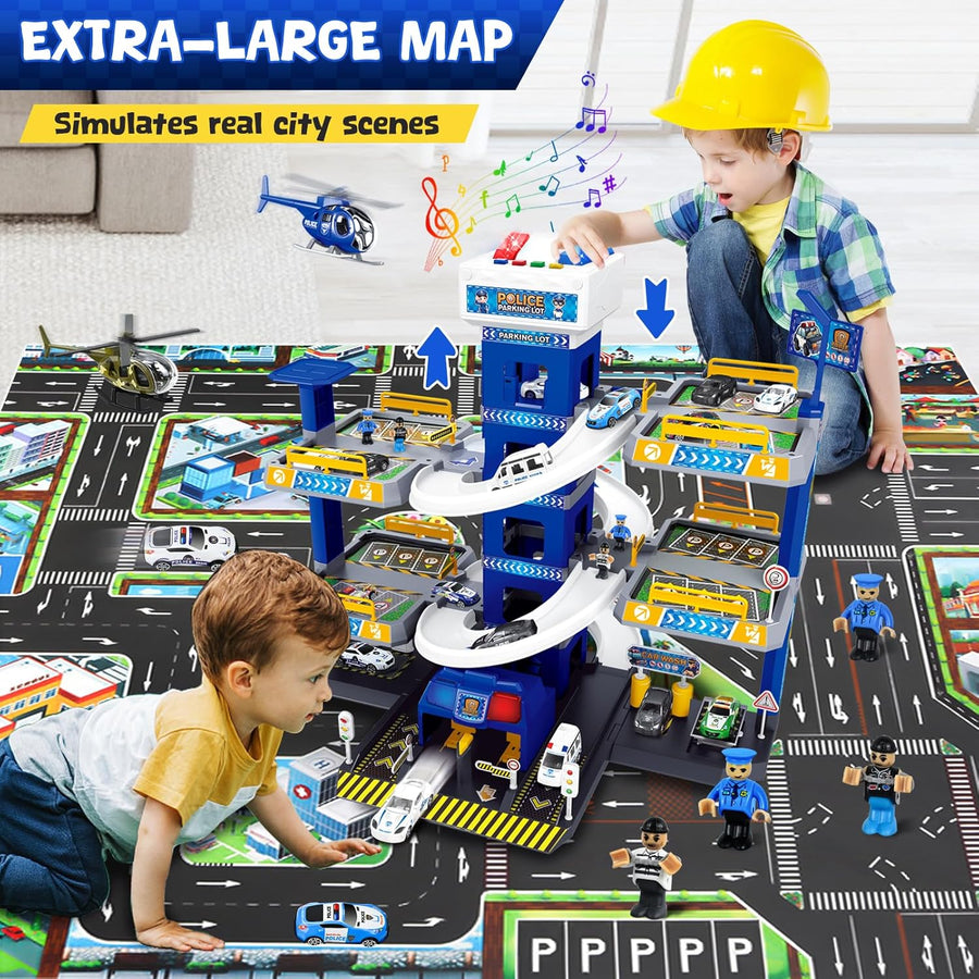 Garage 5 Etages pour Enfants Garage, Ascenseur, Station-Service et Carte, Jouet Garage Voiture avec 8 Voitures et 3 Hélicoptères