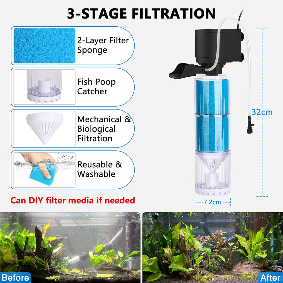 Filtre Aquarium, 570 L/H Débit Réglable Pompe et Filtre pour Aquarium, 4 en 1 Filtre éponge de 10 W avec Compartiment de Filtration, Facile à Nettoyer, pour Aquariums de 300 L