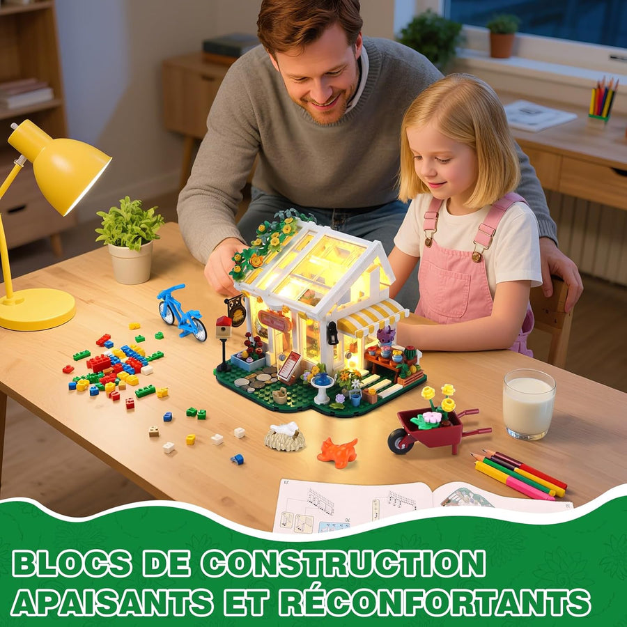 Jeux Ensemble Construction Maison Fleurs avec lumière LED, 776 Pièces Jouet Construction Maison avec Fleurs Plantes Chat, Jouets de Construction