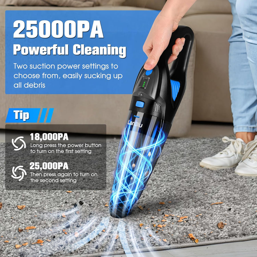 Aspirateur Voiture Puissant Sans Fil avec Station de Recharge et Éclairage LED, 25000Pa Aspirateur a Main avec Filtre Lavable, Humide et Sec
