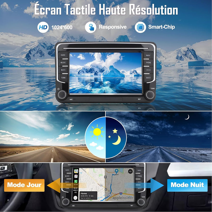 Autoradio 2DIN, 7" Radio Voiture pour VW Golf, Passat, Seat, Touran, Skoda, CarPlay & Android Auto, Commandes au Volant, Écran Tactile & Boutons Physiques, EQ, FM, GPS Navigation, MirrorLink