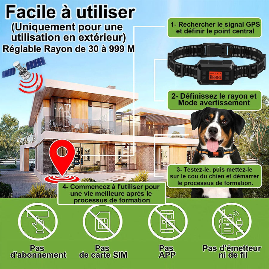 Clôture GPS sans Fil pour Chiens, pour Grands Espaces Ouverts et Utilisation en Extérieur, Étanche Précise Électrique Système Clôture Collier avec la Nouvelle Puce Signal GPS, Rayon 30-916m