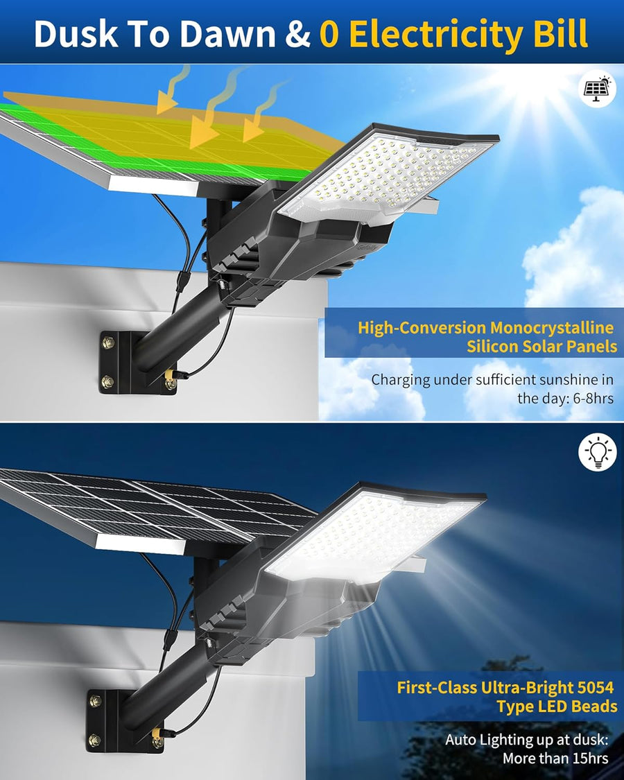 Lampadaire Solaire Exterieur, lumière solaire extérieure Crépuscule à l'Aube IP68 éclairage 6500K inondé LED étanche Projecteur Solaire Puissant pour Rue, Garage, Parking