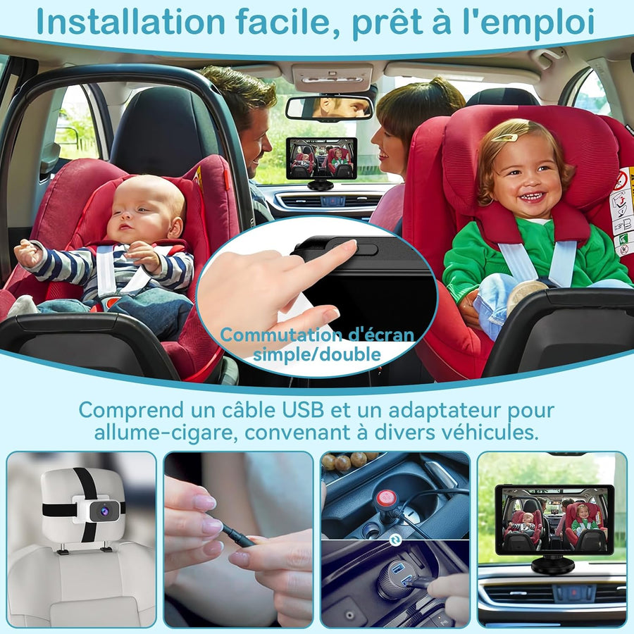 Caméra Voiture Bébé pour 2 Enfants : Écran IPS 7 Pouces avec Deux Caméras pour Siège Auto, Écran Partagé, Vision Nocturne, HD 1080P - Caméra Arrière Facile à Installer