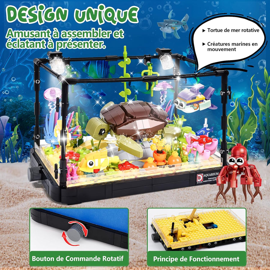 Jouet Enfant Blocs Construction Aquarium avec Lumière LED Compris Les Tortue en Mouvement