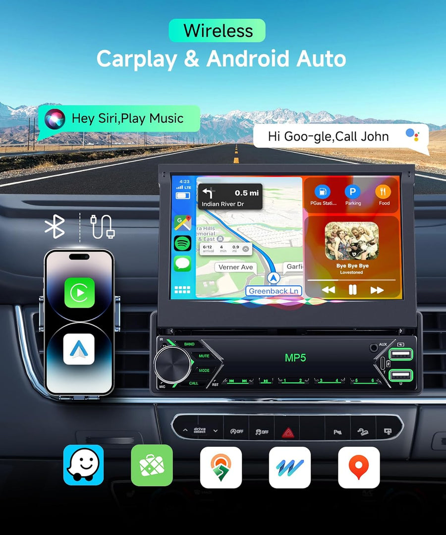 Autoradio Carplay Android Auto sans Fil avec écran rétractable électriquement de 7 Pouces,Radio FM 1 DIN avec Bluetooth, Mirror Link,2 USB/Type-C/SD avec caméra de recul/Commande au Volant
