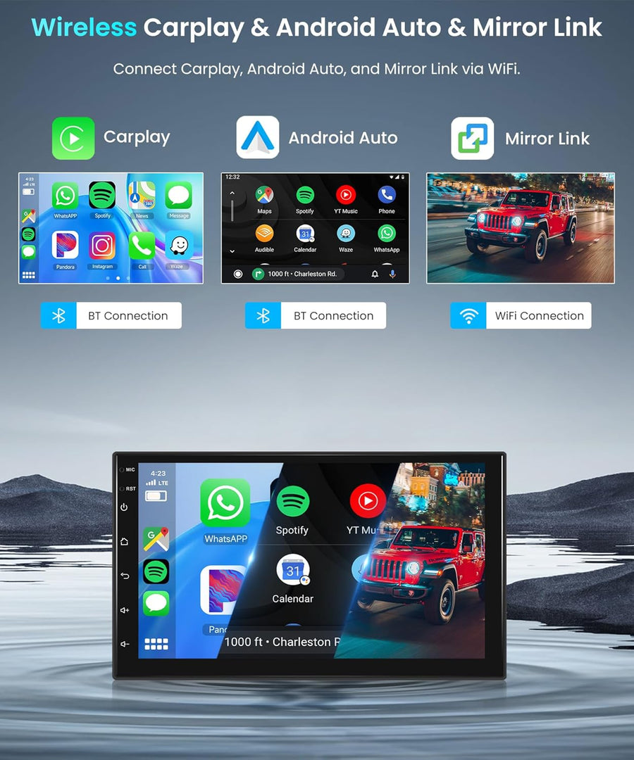 Autoradio 2 Din 4G+64G 7 Pouces Android, Écran Tactile Carplay sans Fil 2 Din Autoradio avec Android Auto Mirror Link GPS Navi Bluetooth WiFi/FM/RDS/EQ/SWC/USB Caméra de Recul