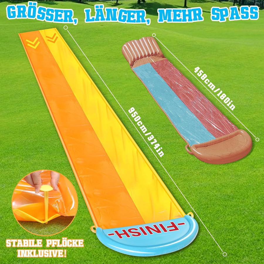Toboggan 1.55m x 9.5m pour Pelouse Double Toboggan à Eau avec 2 Planches Gonflables Jeux d'eau en Extérieur