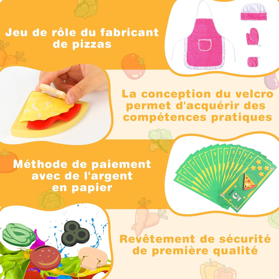 Jouet Dinette Pizza Bois, Aliments Dinette en Bois, Accessoires Cuisine Enfants avec Four de Cuisson et Tabliers, Jouet Éducatif Montessori