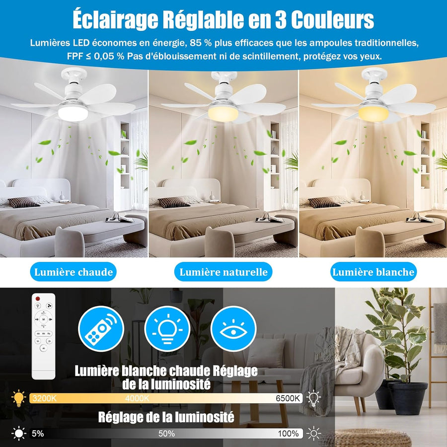 Ventilateur de Plafond avec Lumière et Telecommande, 40W Dimmable LED Douille E27, Lustre Ventilateur de Plafond, 6 Pales,3 Vitesses,Timing