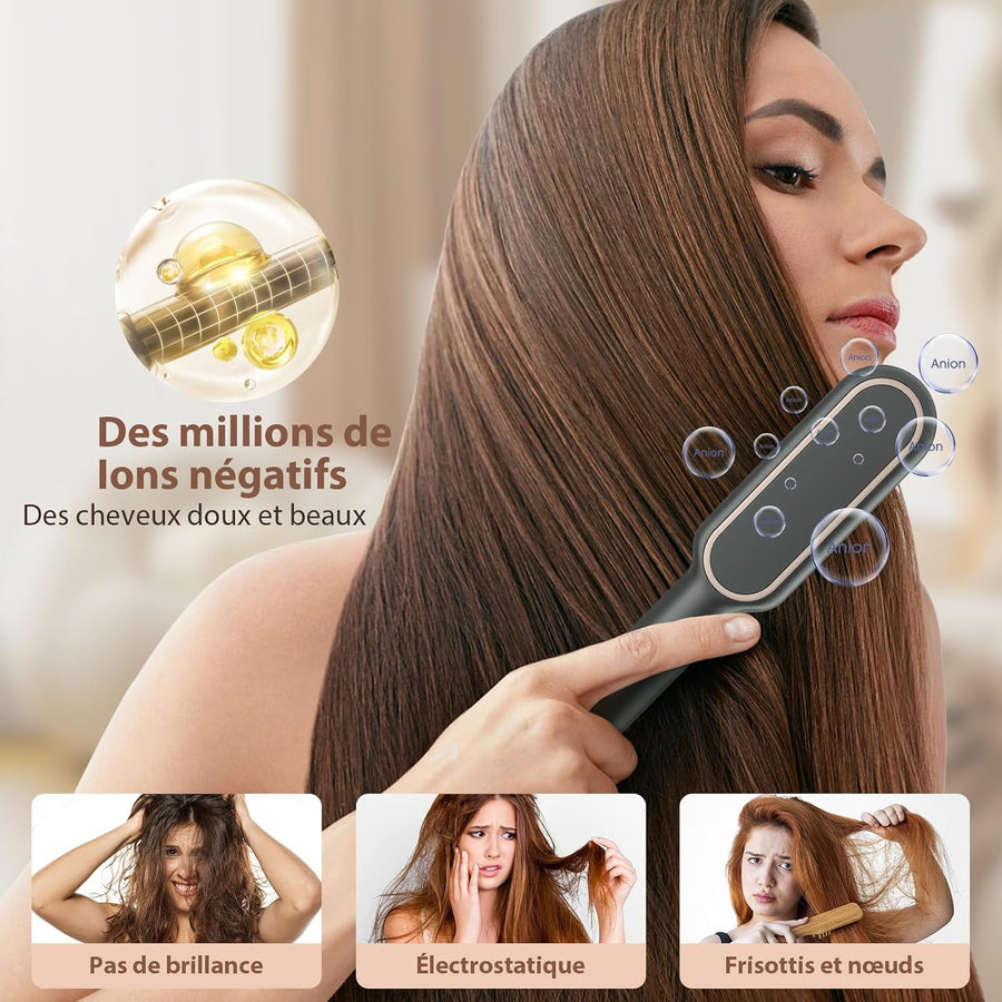 Brosse Lissante Pour Cheveux Ionique Lisseur Cheveux, Peigne Chauffant Professionnel Peigne de fer à lisser avec 9 Réglages de Température et Écran LCD