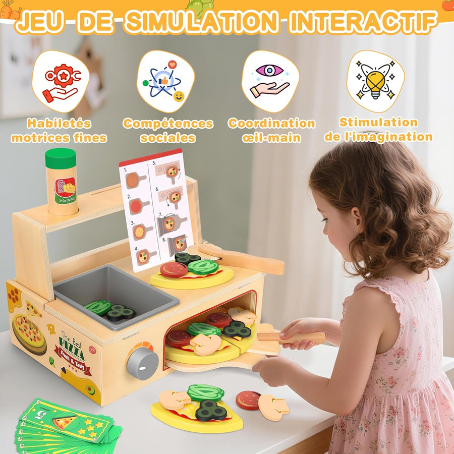 Jouet Dinette Pizza Bois, Aliments Dinette en Bois, Accessoires Cuisine Enfants avec Four de Cuisson et Tabliers, Jouet Éducatif Montessori