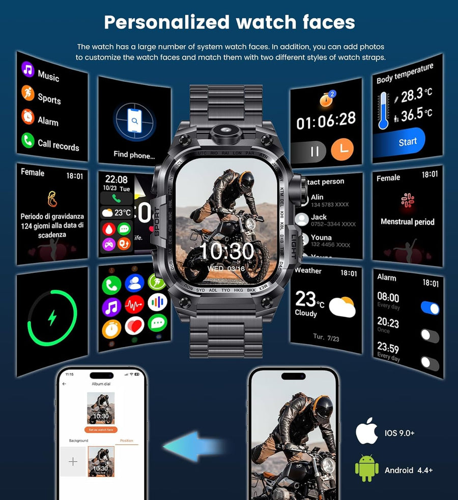 Montre Connectée Homme 2.01'' HD Smartwatch Militaire avec Appels Bluetooth Torche LED 650mAh 150+ Mode Sportifs Surveiller Cardio Podometre Sommeil, Fitness Tracker pour iOS Android