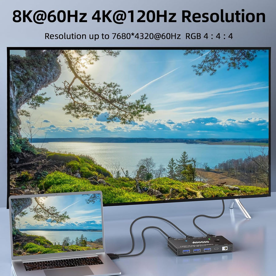 Commutateur KVM 2 ordinateurs 1 moniteur 8K à 60 Hz/4K à 120 Hz Commutateurs KVM HDMI Télécommande filaire, alimentation et câble USB 3.0 inclus