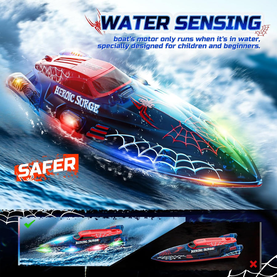 Bateau Télécommandé, RC Bateau Telecommandé Enfant 2,4 GHz avec Lumières LED, Alarme de Batterie Faible, Piscines et Lacs Jouet Aquatique d'été